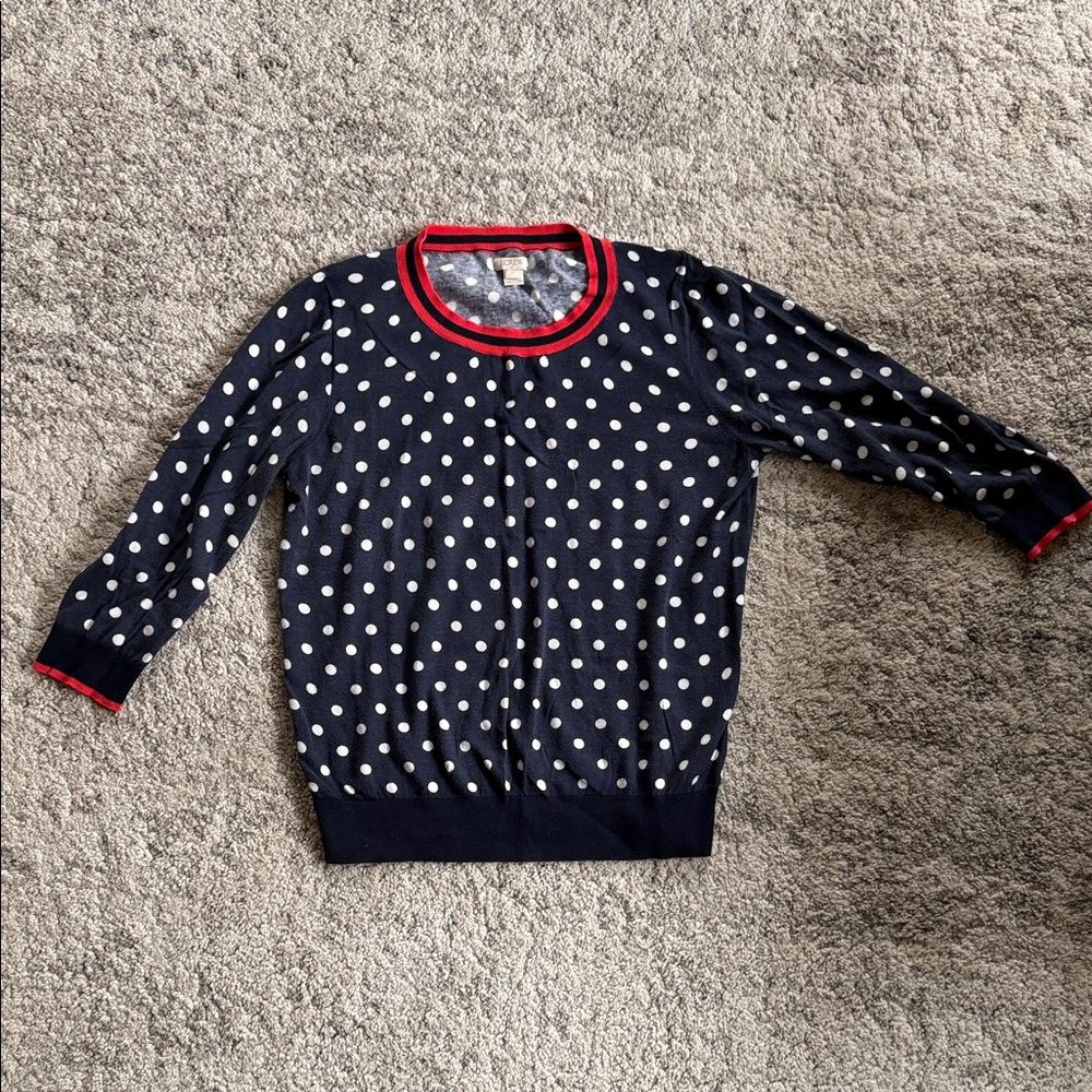 J. Crew Navy Sweater with White Dots and Red Trim